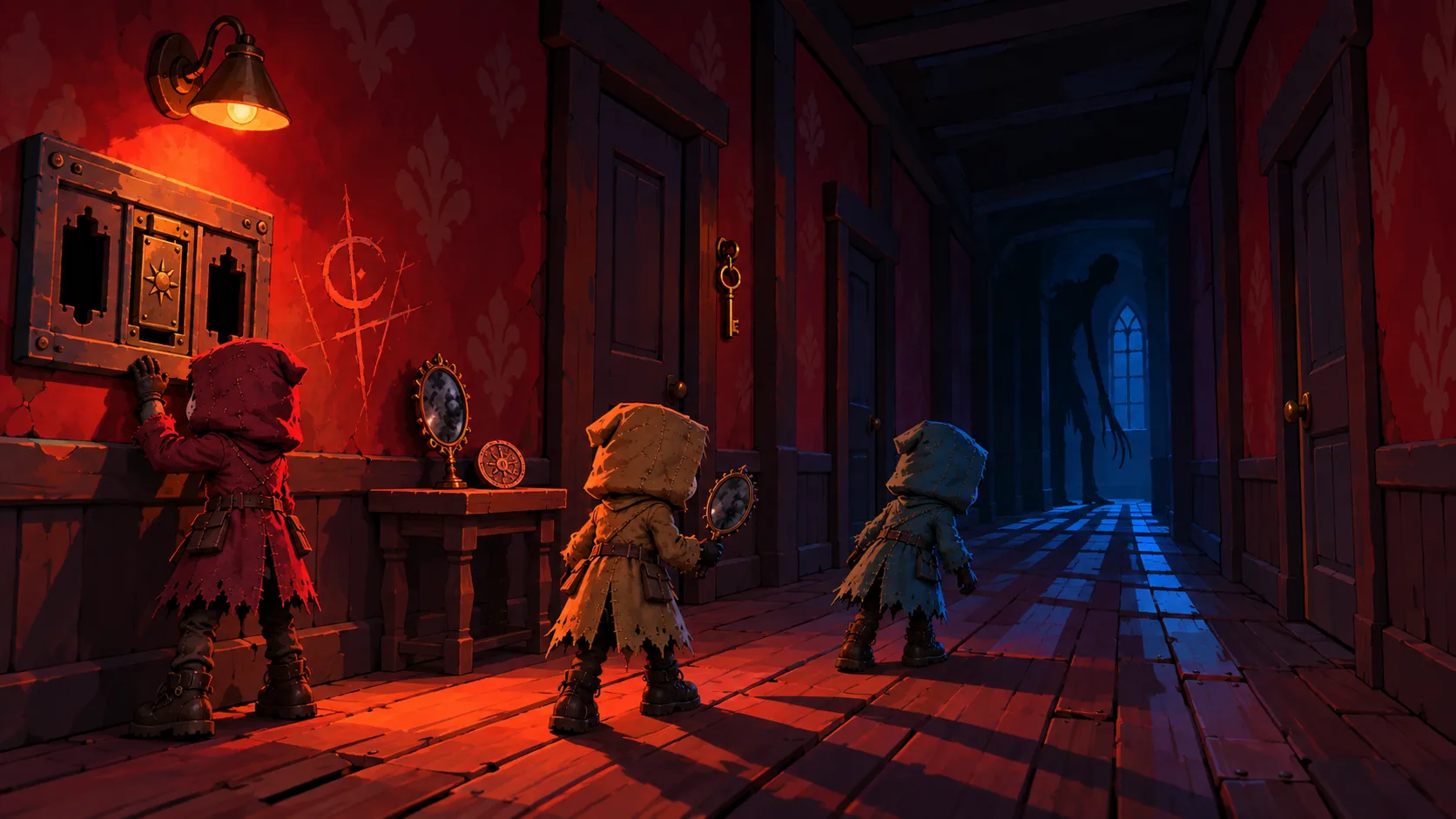Official CURSELINK corridor artwork with hooded characters and looming shadow